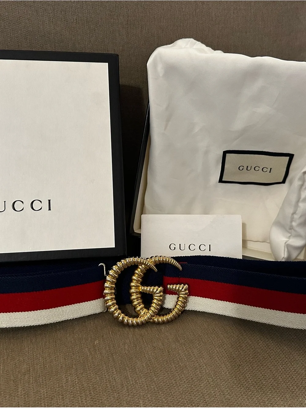 Gucci Navy, Red & White Web Belt with Gold Double G Buckle